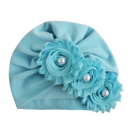 Cute Infant Newborn Caps with Pearl Chiffon Flowers Cotton Blend Kont Turban Girls Stretchy Beanie Hat Baby Hair Accessories