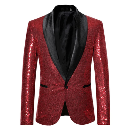 Black Sequin One Button Shawl Collar Suit Jacket Men Bling Glitter Nightclub Prom DJ Blazer Jacket Men Stage Clothes for Singers