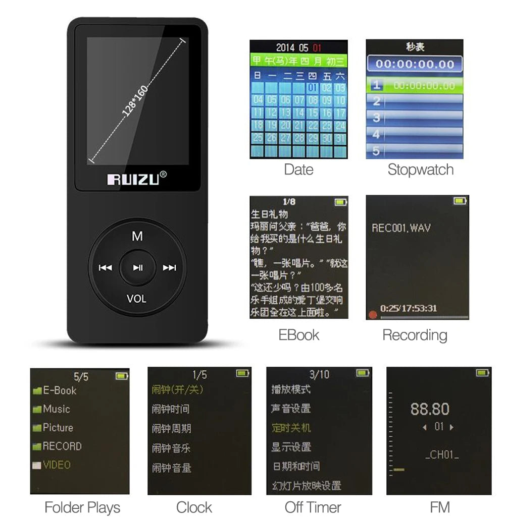 100% Original RUIZU X02  MP3 Player  With 1.8 Inch Screen Can Play 100 hours, 8gb With FM,E-Book,Clock,Data music player