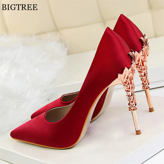 2025 New Elegant Metal Carved Heel Women Pumps Solid Silk Pointed Toe Shallow Fashion High Heels 10cm Female Wedding Dress Shoes