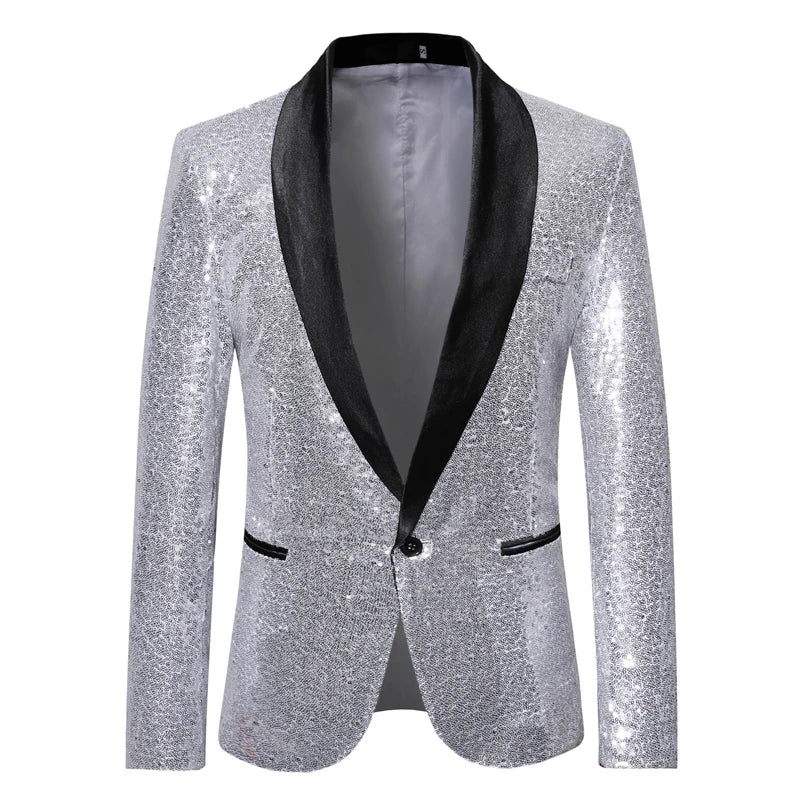 Black Sequin One Button Shawl Collar Suit Jacket Men Bling Glitter Nightclub Prom DJ Blazer Jacket Men Stage Clothes for Singers