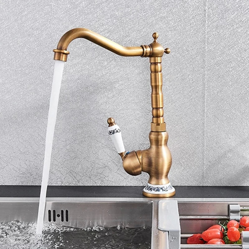 Antique Brass Ceramic Handle Basin Faucet Antique Rotatble Bathroom Faucet  Kitchen Faucet  Hot Cold Mixer Crane Kitchen Faucet