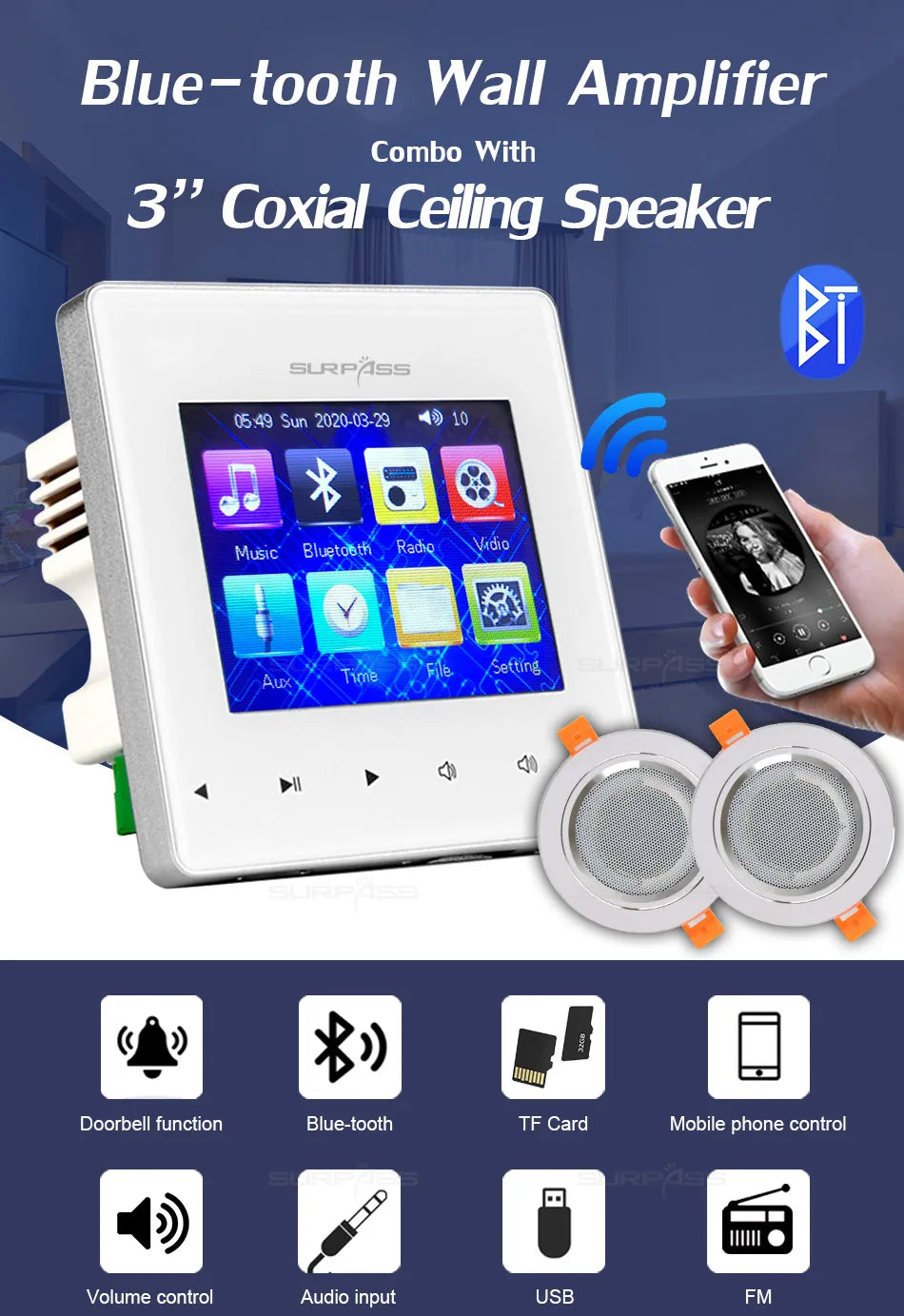 Smart Home Mini Touch Key Audio Bluetooth Wall Amplifier 2*20W Fm Radio Doorbell with Coxial Ceiling Speaker PA System Bathroom