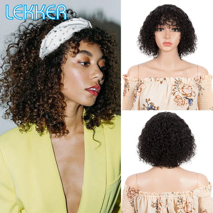 Lekker Colored Short Pixie Afro Kinky Curly Bob 100% Human Hair Wigs With Bangs For Women Brazilian Remy Hair Ombre Brown Wigs