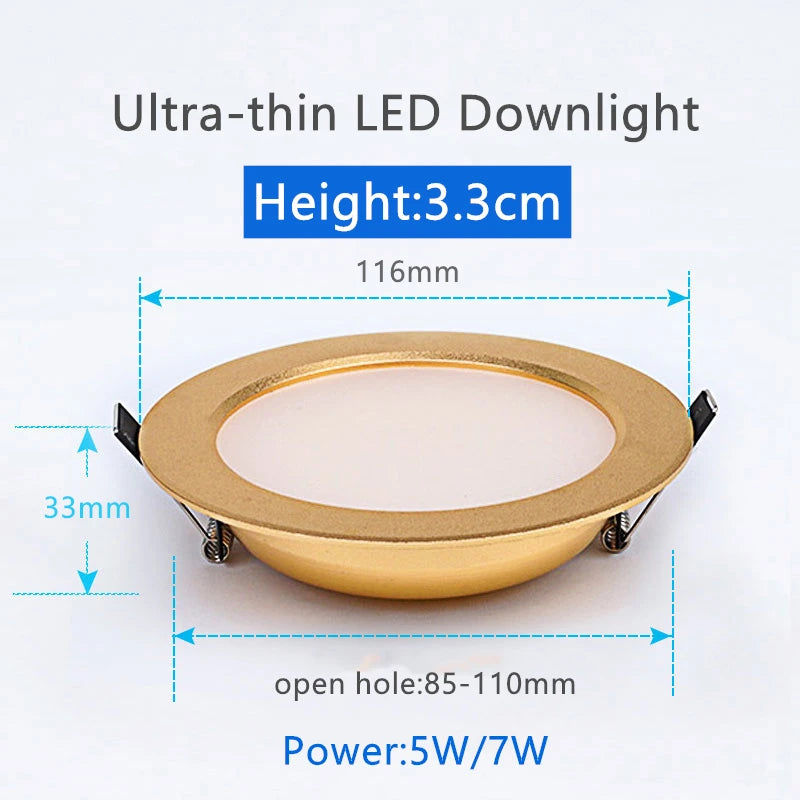 Ultra-thin LED Ceiling Downlight Gold Recessed 5W/7W Luxury Bathroom Bedroom Living Room Shop Home Spot Lighting Fixtures AC220V