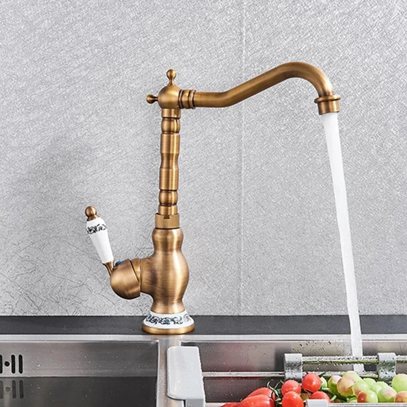 Antique Brass Ceramic Handle Basin Faucet Antique Rotatble Bathroom Faucet  Kitchen Faucet  Hot Cold Mixer Crane Kitchen Faucet