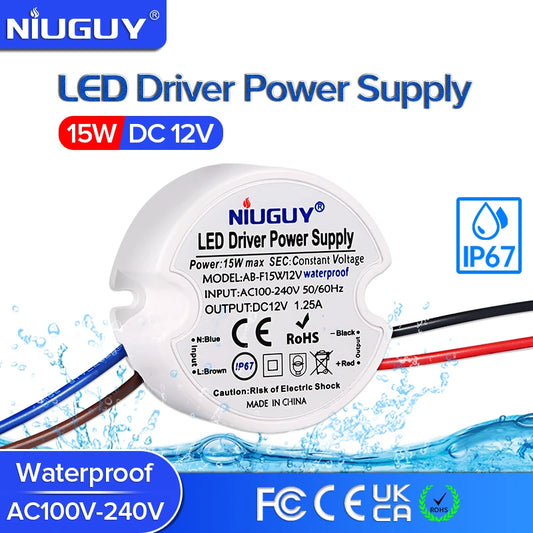 Mini LED Driver AC/DC Waterproof Transformer 12V Power Adapter IP67 Outdoor AC 110-220V to DC 12V 15W 1.25A for LED Light Strip