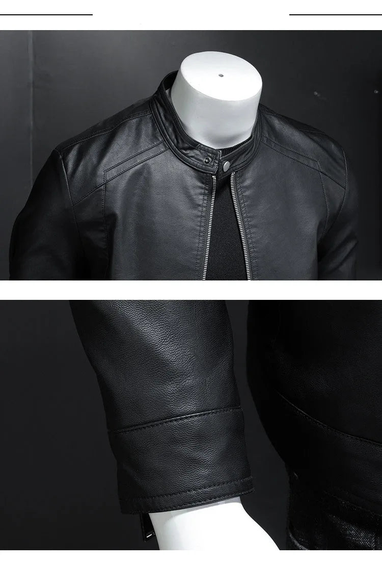 Spring Autumn Leather Jacket Men Stand Collar Slim Pu Leather Jacket Fashion Motorcycle Causal Coat Mens Moto Biker Leather Coat