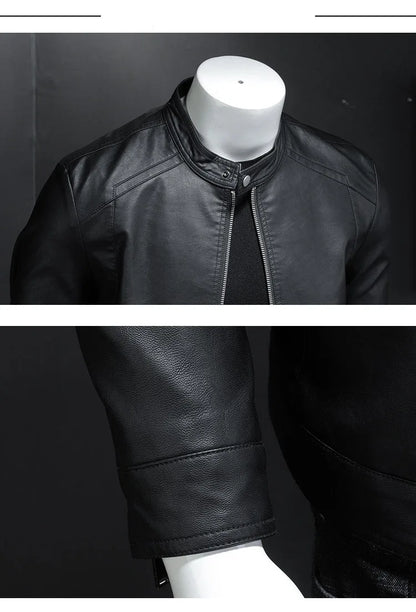 Spring Autumn Leather Jacket Men Stand Collar Slim Pu Leather Jacket Fashion Motorcycle Causal Coat Mens Moto Biker Leather Coat