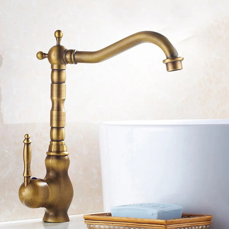 Antique Brass Ceramic Handle Basin Faucet Antique Rotatble Bathroom Faucet  Kitchen Faucet  Hot Cold Mixer Crane Kitchen Faucet