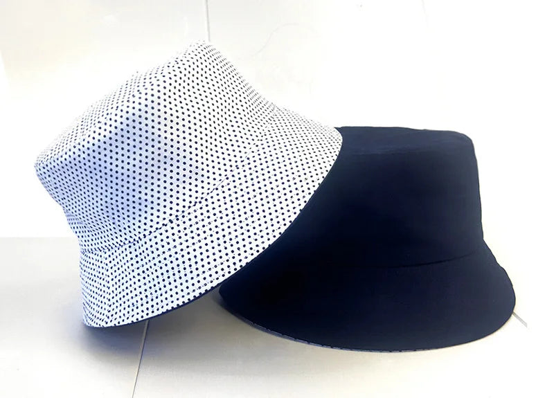 Black Solid Dots Bucket Hat Two Side Wear Unisex Simple Bob Caps Hip Hop Gorros Men Women Panama Cap Beach Fishing Boonie Sunhat