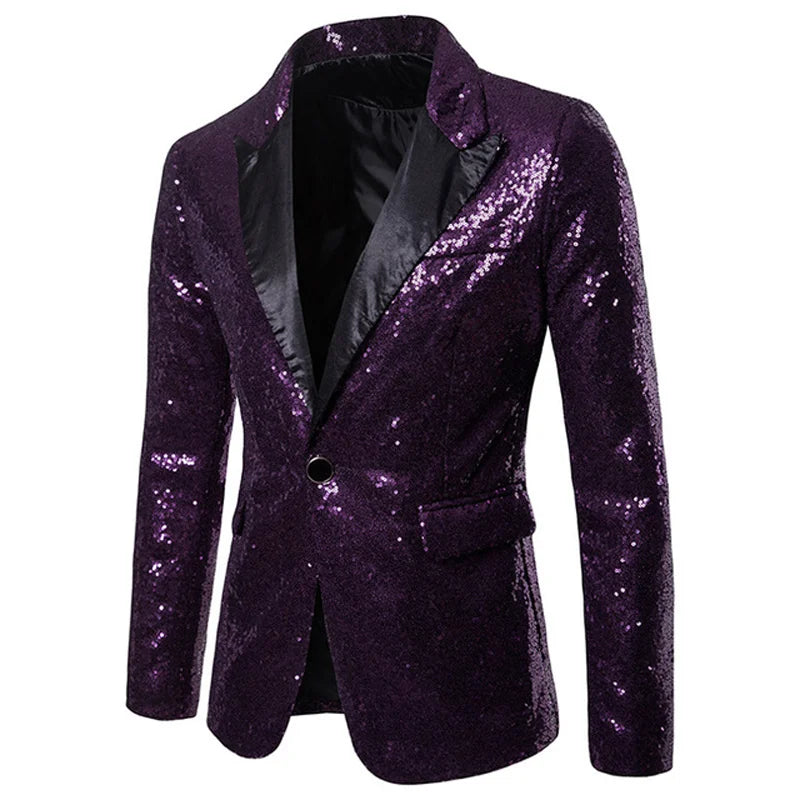 Black Sequin One Button Shawl Collar Suit Jacket Men Bling Glitter Nightclub Prom DJ Blazer Jacket Men Stage Clothes for Singers