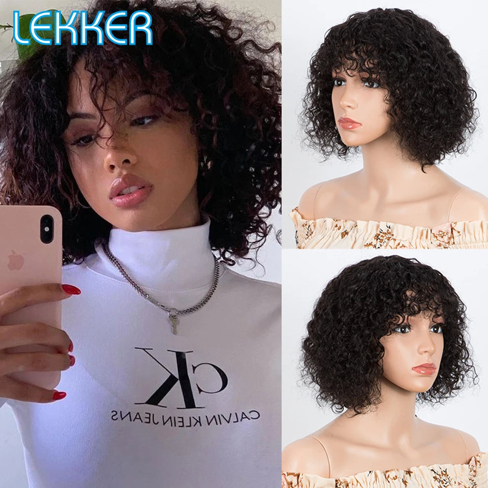 Lekker Colored Short Pixie Afro Kinky Curly Bob 100% Human Hair Wigs With Bangs For Women Brazilian Remy Hair Ombre Brown Wigs