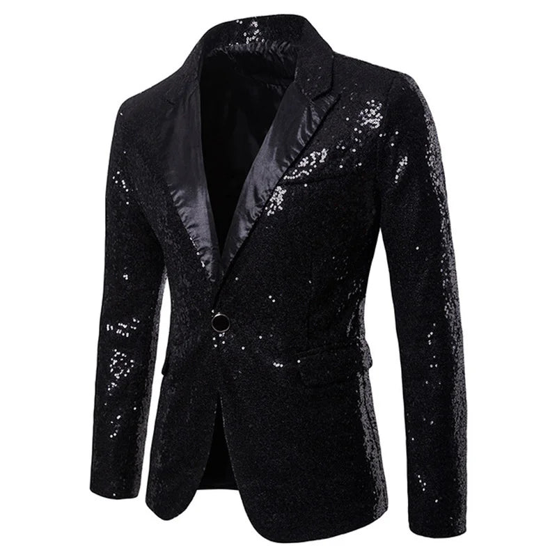 Black Sequin One Button Shawl Collar Suit Jacket Men Bling Glitter Nightclub Prom DJ Blazer Jacket Men Stage Clothes for Singers