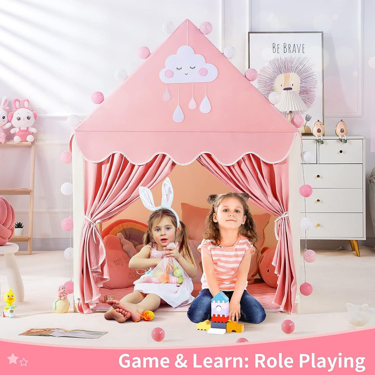 Kids Tents Baby Play House Children Toy Tent 1.35M Wigwam Folding Girl Princess Castle Child Room Decor Birthday Christmas Gifts