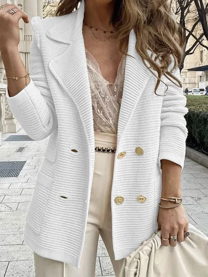 Women Double Breasted Button Solid Color Autumn Winter Blazer Jacket Fashion Casual Long Sleeve Coat Cardigan