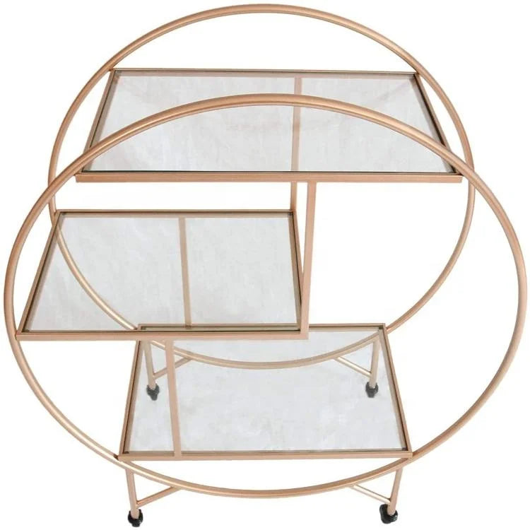 Light Luxury Round Frame With 4 Wheel 3 Tier Gold Metal With Mirror Trolley Bar Cart Hotel Furniture Cart Home Garden Storage