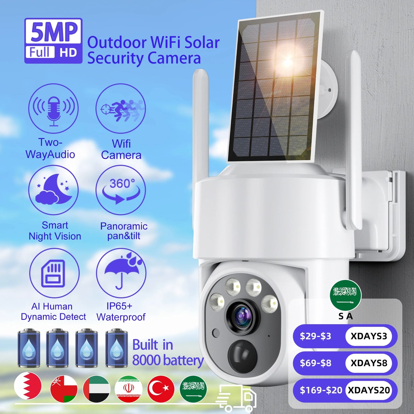 5MP Camera Wifi Outdoor Surveillance Security Camera Solar Panel Surveillance Cameras 6000mAh IP66 Wireless 2 Way Talk Detect