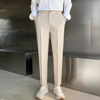 Spring Summer Suit Pants Men Stretch Business Elastic Waist Slim Ankle Length Pant Korean Trousers Male Large Size 40 42