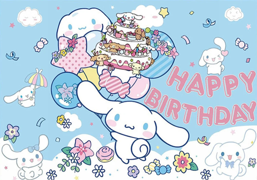 Sanrio Backdrops Banner Rainbow Balloons Cartoon Cinnamoroll Children's Happy Birthday Party Decor Photo Background Booth Props