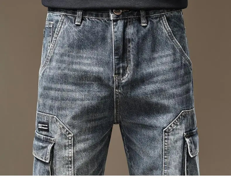 American Fashion High Street Loose Straight Cargo Jeans Men's Solid Patchwork Button Zipper Pockets Versatile Casual Pants 2024