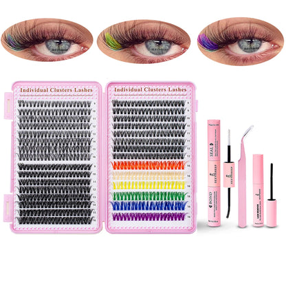 600pcs Colorful Cluster Lashes Eyelash Extension Kit, 9-16mm mix Individual Lash with Bond & Seal, Eyelashes Remover,Tweezers