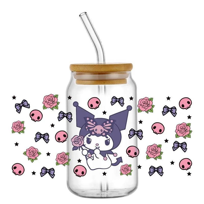 Miniso New Hello Kitty Theme For Libbey 16oz Can Glass Kuromi Coffee Waterproof UV DTF Coffee Can Wrap Libbey Glass 3D Wrap