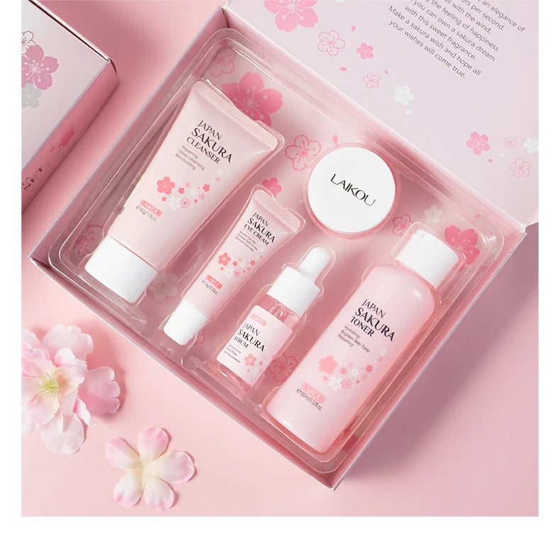 LAIKOU Japan Sakura Skin Care Set Serum Rejuvenating Cream Glowing Moisturizer Fade Blemishes 5pcs