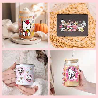 Miniso New Hello Kitty Theme For Libbey 16oz Can Glass Kuromi Coffee Waterproof UV DTF Coffee Can Wrap Libbey Glass 3D Wrap