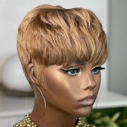 Brown Short Pixie Cut Wig Human Hair For Black Women Machine Made Wigs With Bangs Colored Brazilian Wig Human Hair Wigs