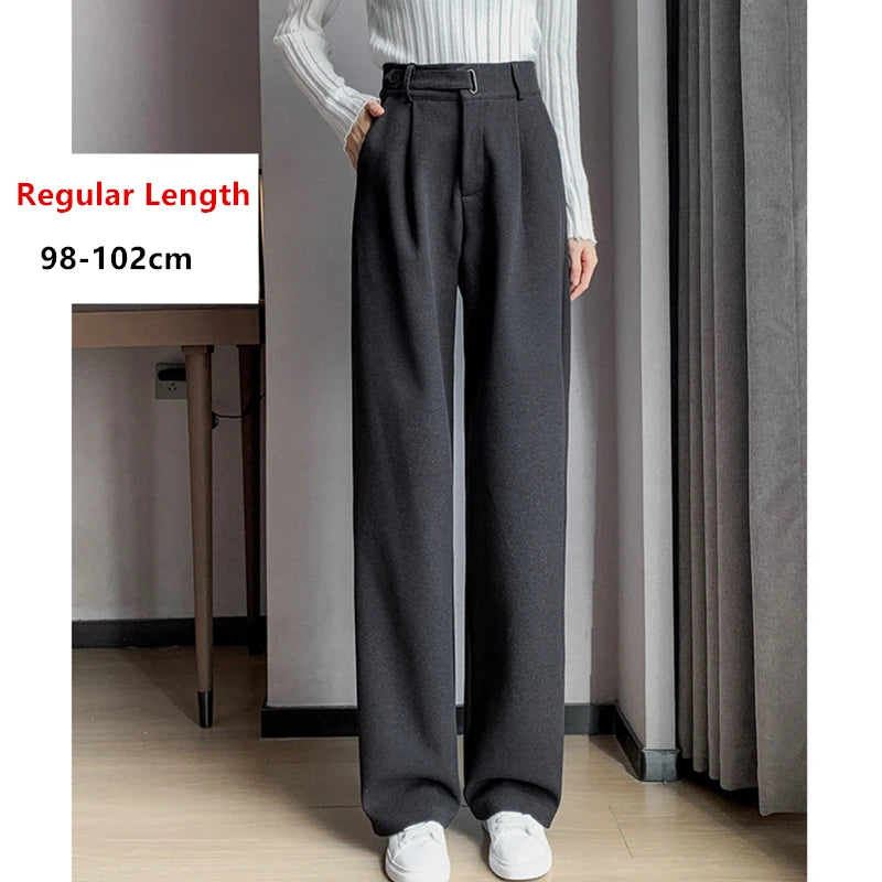 Seoulish Autumn Winter Thicken Woolen Casual Loose Full Length Pants 2023 New Button High Waist Chic Wide Leg Trousers Female