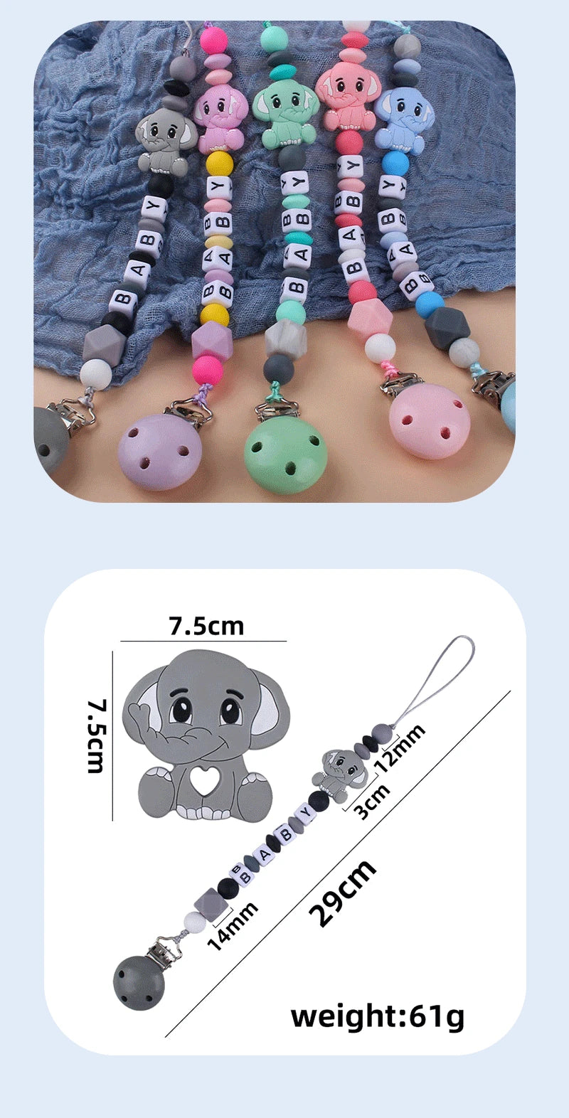 Baby Personalized Name Pacifier Clip Newborn Pacifiers Holder Custom Elephant Gum Nipple Chain Set Silicone Teething Toy Gift