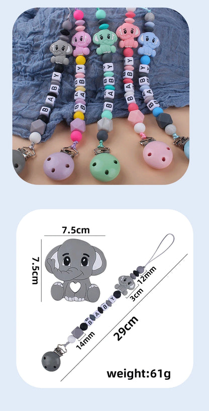 Baby Personalized Name Pacifier Clip Newborn Pacifiers Holder Custom Elephant Gum Nipple Chain Set Silicone Teething Toy Gift