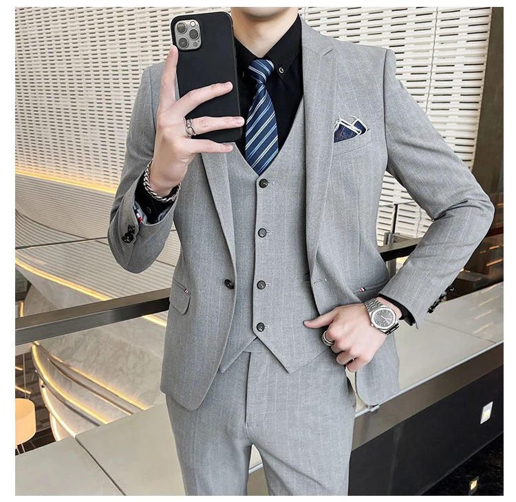 2024 Groom Wedding High-grade Suit (suit + Vest + Trousers) Winter Stripes Business Fashion Handsome Casual Suit Three-piece Set