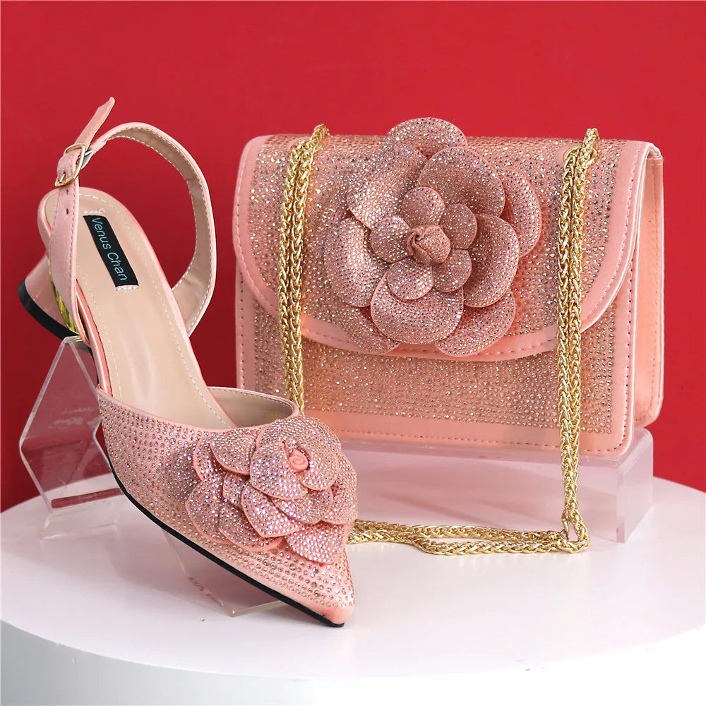 Peach Color Elegant Lady Shoes And Bag Set with Rhinestone Embellished Pearls-knot Wear-resistant And Comfortable Heel