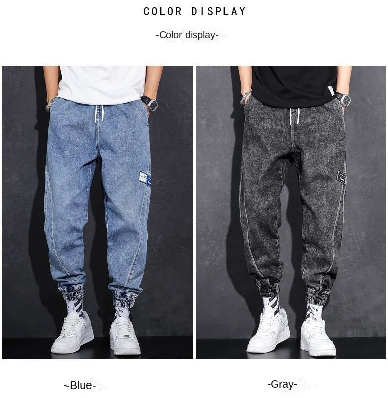 Loose Elastic Waist Denim Jeans for Men 2024 Fashion Casual Spring Workwear Foot-Tied Pants with Brand Workwear Baggy Trousers