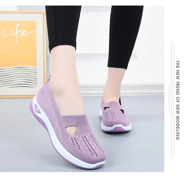 Women's New Summer Shoes Mesh Breathable Sneakers Light Slip on Flat Platform Casual Shoes Ladies Anti-slip Walking Woven Shoes