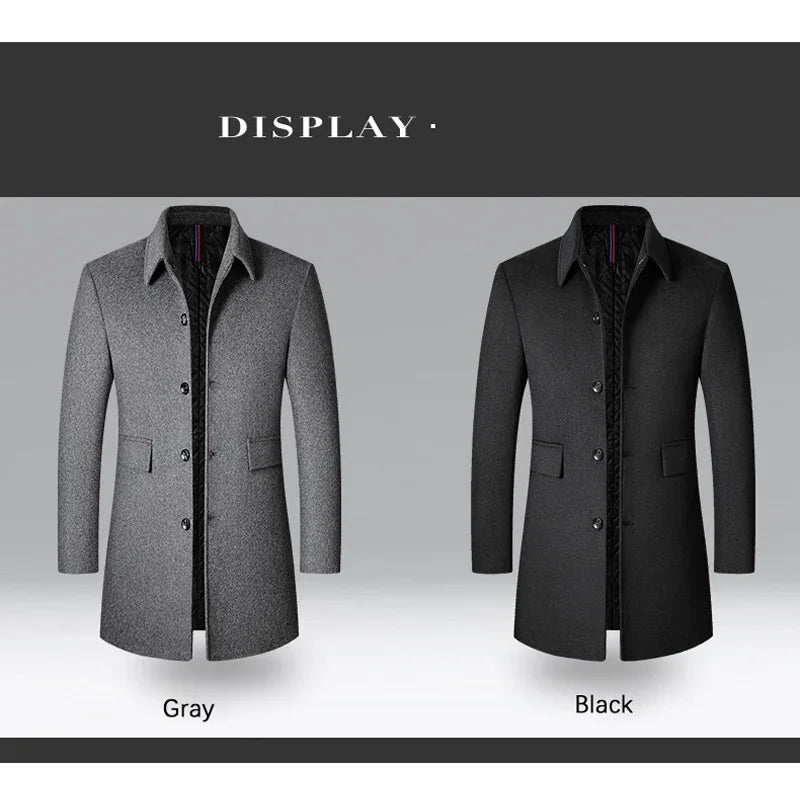 BROWON Brand Winter Coat Men 2024 Autumn Solid Turn-Down Collar Wool Long Jacket for Men New Business Casual Keep Warm Outerwear