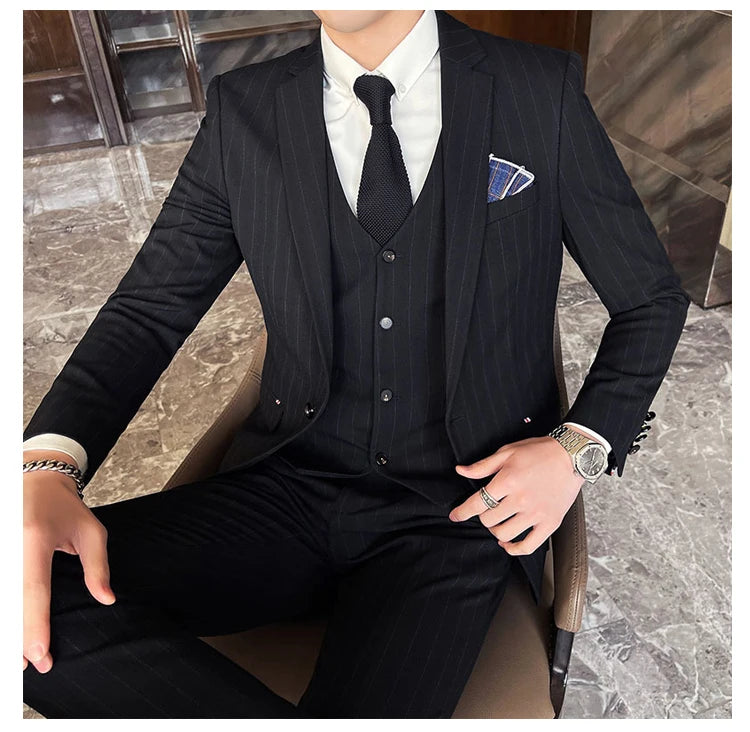 2024 Groom Wedding High-grade Suit (suit + Vest + Trousers) Winter Stripes Business Fashion Handsome Casual Suit Three-piece Set