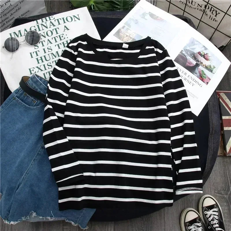 Spring Autumn Women Harajuku Striped T Shirt Long Sleeve O-Neck T-Shirts Korean Casual Oversized T Shirt Femme Black Tops