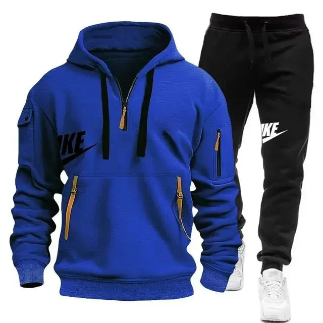 Spring and autumn new men's zipper hoodie + pants two-piece set, outdoor jogging multi-pocket men's casual pullover sports suit