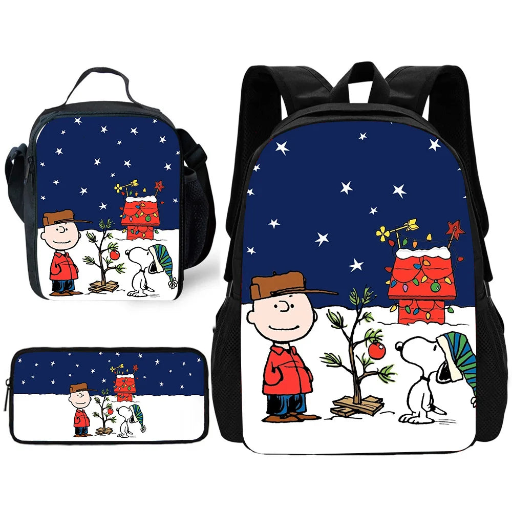 Cartoon Cute S-SnoopyS 3 pcs set Child School Backpack with Lunch Bags ,Pencil Bags ,School Bags for Boys Girls Best Gift