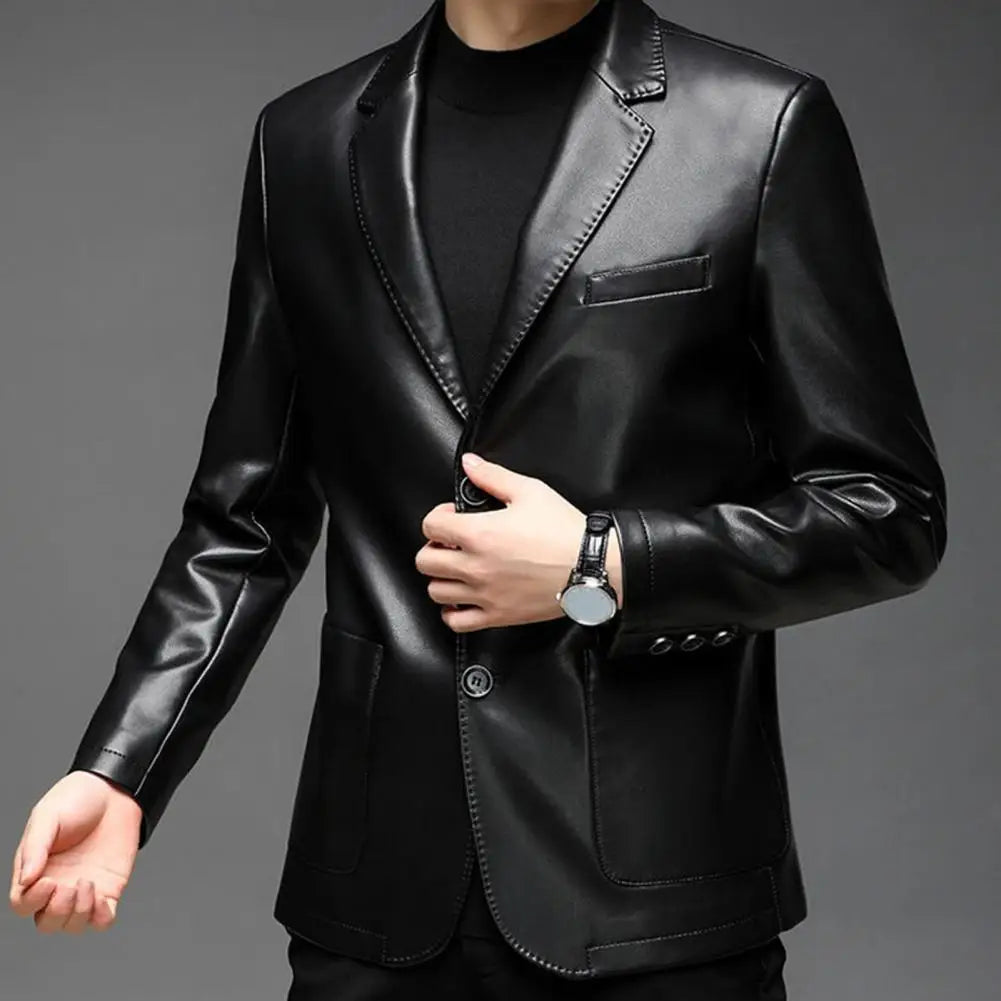 Men Jacket with Button Decoration Long-lasting Wear Men Jacket Stylish Lapel Collar Men's Leather Jacket for Outdoor for Men