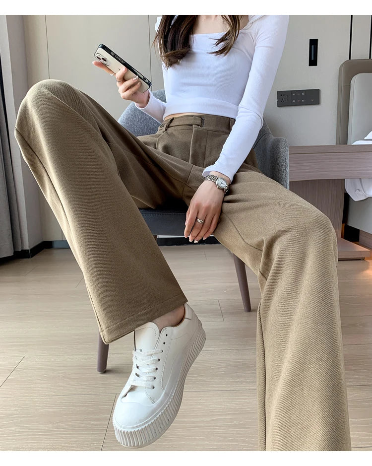 Seoulish Autumn Winter Thicken Woolen Casual Loose Full Length Pants 2023 New Button High Waist Chic Wide Leg Trousers Female