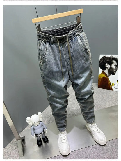 Casual Vintage Men's Fashion Drawstring Jeans with Thickened Fleece and Loose Harem Pants for Autumn and Winter Cargo Trousers