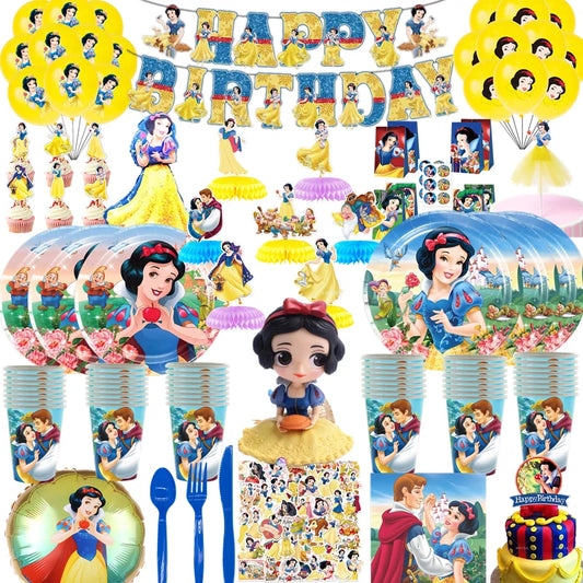 Disney Princess Snow White Birthday Party Decorations Supplies Disposable Tableware Sets Girl Party Cups Plates Tablecloth Decor