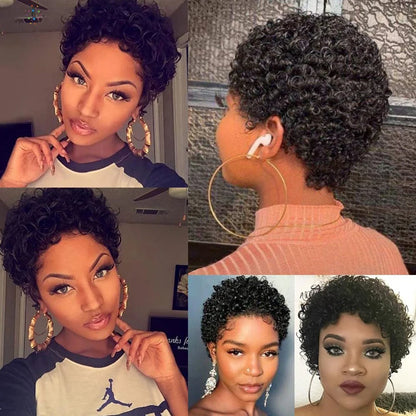 Short Kinky Curly Wigs Human Hair Pixie Cut Brazilian Human Hair For Women Natural Black Curly Human Hair Wigs Full Machine Made