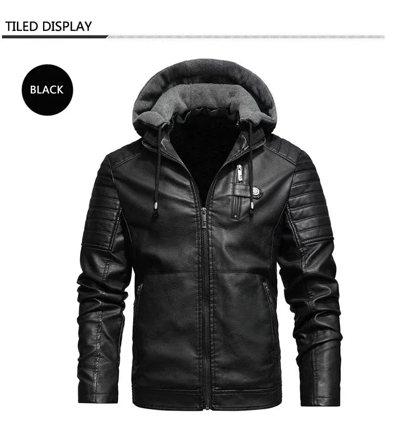 Fashion Men's Hooded Jacket Autumn Winter Faux Leather Jacket Men Military Style Outwear Motocycle New Brand Zipper Pockets Coat