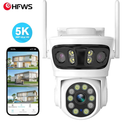 HFWVISION 9MP Wifi Camera Auto Tracking Three Screens 5X Digital Zoom PTZ Security Protection CCTV Surveillance O-Kam Pro