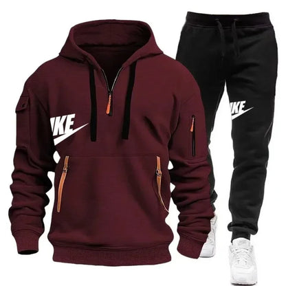 Spring and autumn new men's zipper hoodie + pants two-piece set, outdoor jogging multi-pocket men's casual pullover sports suit